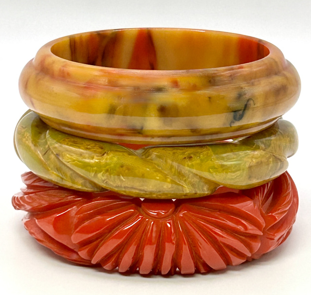 BB190 coral, pistachio and tri colored bakelite bangles